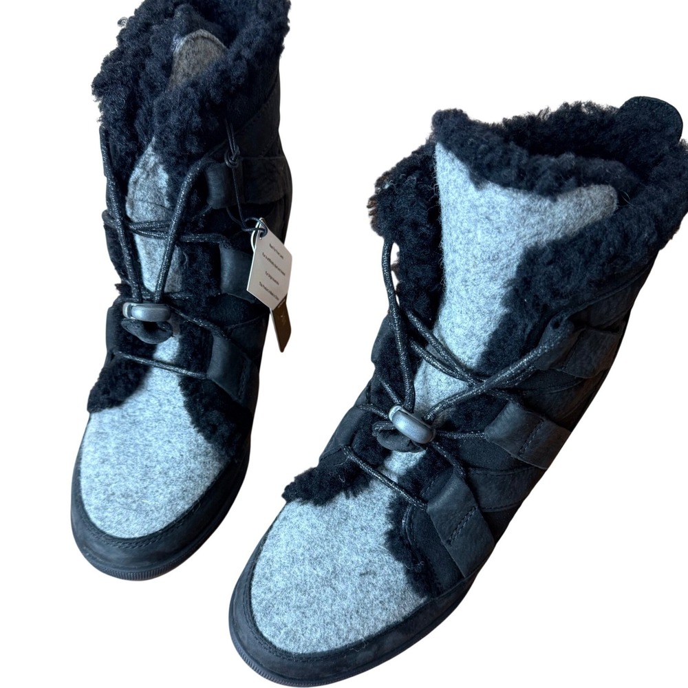 Sorel Joan of Arctic Wedge II Cozy Black Grey Shearling Wedge Boots Womens 8 NEW